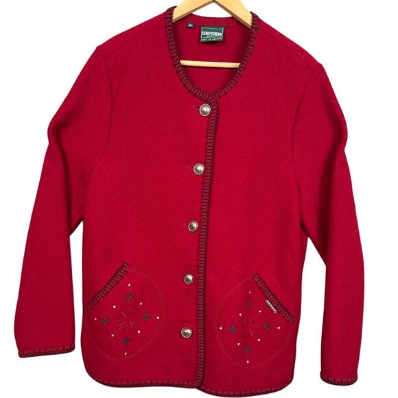 Vintage Geiger Collections Wool Cardigan Jacket Red Embroidered Pockets Size 10 - Picture 1 of 9